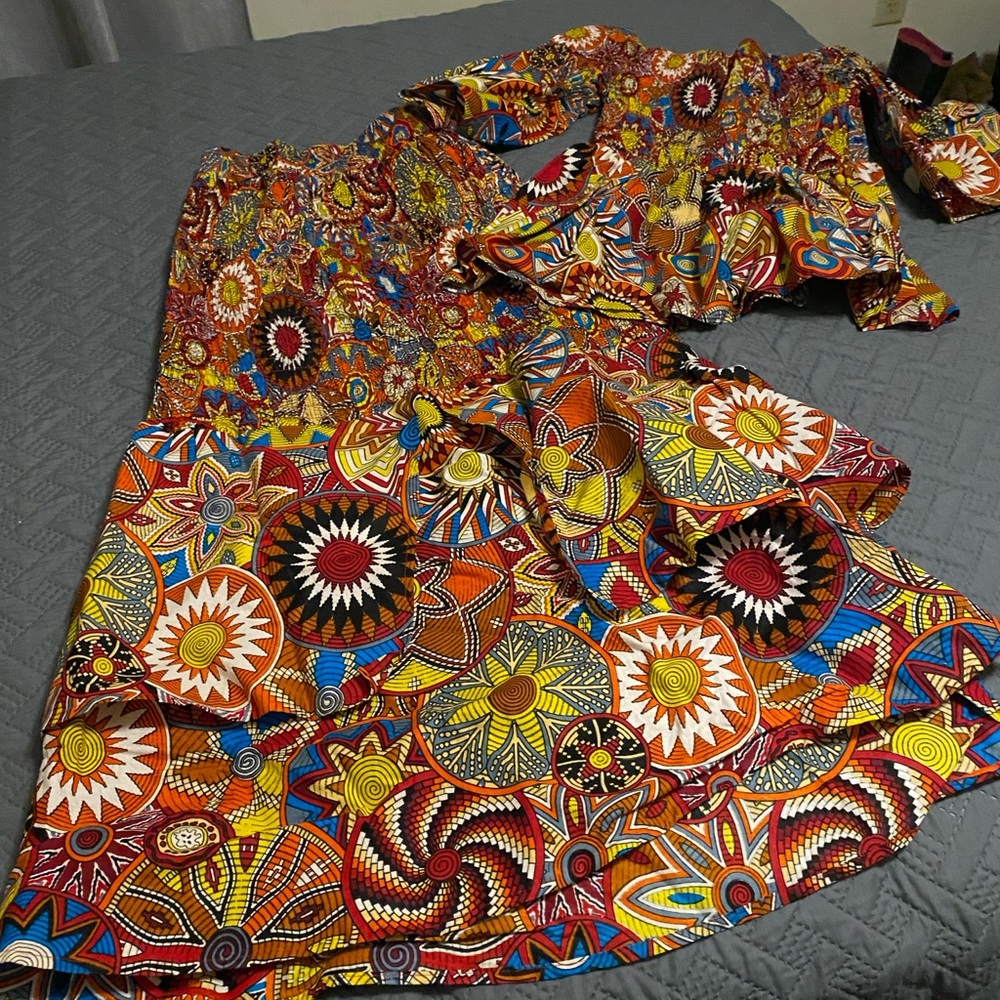 Red and Yellow Skirt Set with Vibrant Patterns
